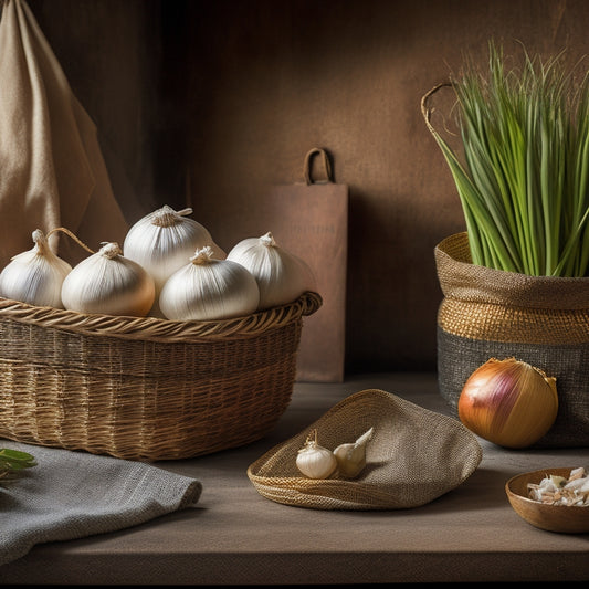 A rustic wooden table with three woven baskets, one containing perfectly preserved onions with papery skin, another with garlic bulbs wrapped in breathable fabric, and a third with shallots in a paper bag.