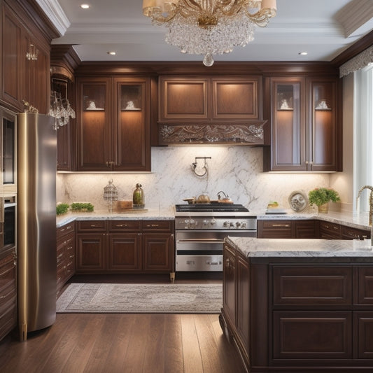 A luxurious, modern kitchen with sleek, high-gloss cabinets in a warm, walnut finish, adorned with ornate hardware, surrounded by gleaming marble countertops and a stunning, crystal chandelier.