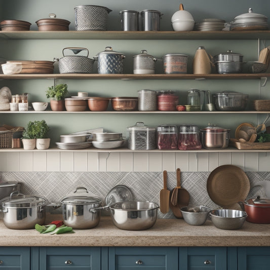 A cluttered kitchen with pots and pans stacked haphazardly, next to a neat and organized kitchen with heavy items stored in labeled baskets and on sturdy shelves, with a subtle grid background.