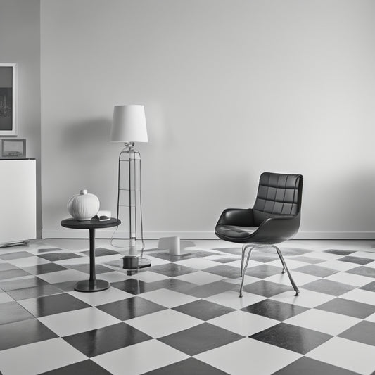 A minimalist interior scene featuring a large, black-and-white checkerboard patterned floor, paired with a sleek, low-profile chair and a minimalist side table, set against a clean, white background.