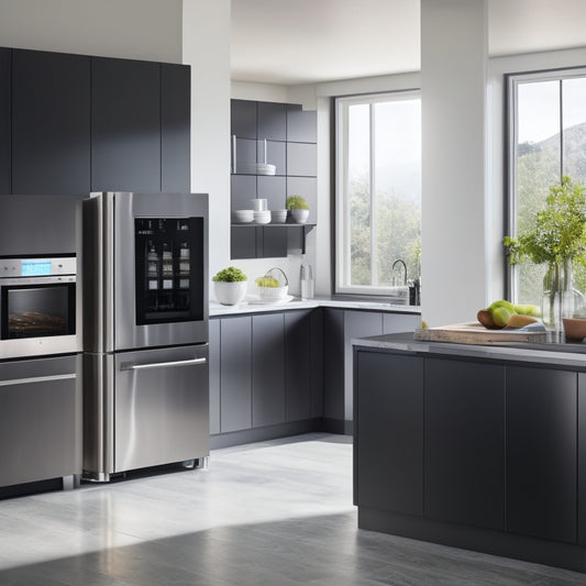 A sleek, modern kitchen with a minimalist aesthetic, featuring a touchless faucet, a smart refrigerator with a touchscreen display, and a compact, high-tech cooking appliance on the counter.