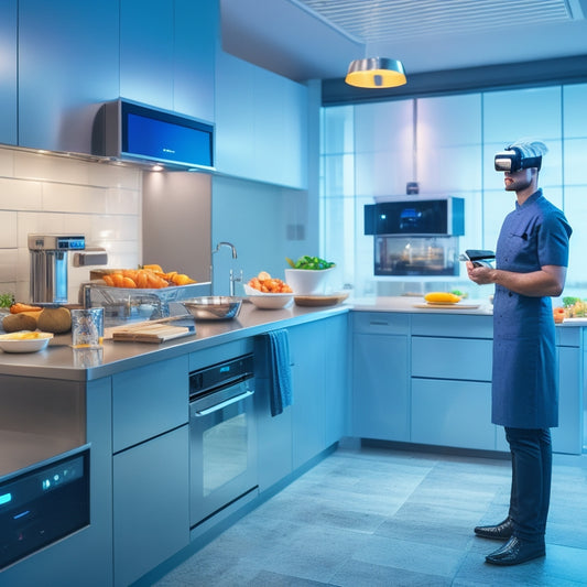 A futuristic kitchen with sleek stainless steel appliances, a digital tablet on the counter displaying a food safety training module, and a chef in the background wearing a virtual reality headset.
