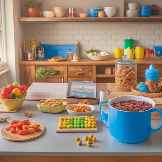 A serene, organized kitchen with a large, wooden table at its center, surrounded by five colorful, labeled binders, a laptop, and a few healthy snacks, with a subtle background of a calendar.
