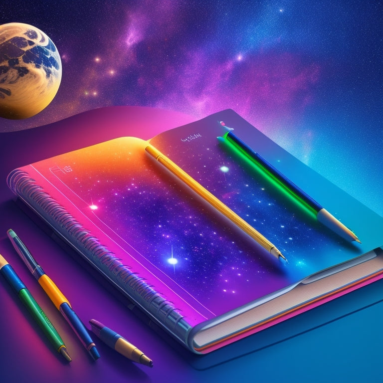 A stylized, minimalist illustration of a digital galaxy background with a weekly planner layout, featuring a spiral-bound notebook with glowing, neon-colored tabs and a stylus hovering above.