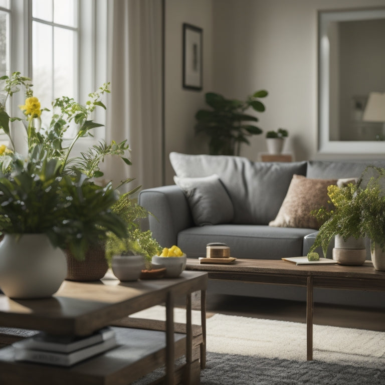 A serene, well-lit living room with a few moving boxes and a hammer on a coffee table, surrounded by a vase with fresh flowers, a framed photo, and a few scattered houseplants.