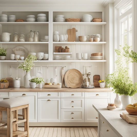 A bright and airy kitchen featuring a mix of open shelves, closed cabinets, and pull-out drawers in a calming white and wood tone color scheme, with a few decorative vases and cookbooks.