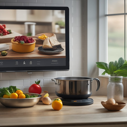 A kitchen background with a large, modern touchscreen display showcasing a grid of mouth-watering cooking videos, with utensils, ingredients, and a chef's hat scattered around.