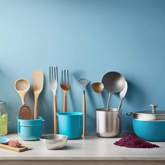 A bright, organized kitchen countertop with a variety of essential utensils arranged neatly, including a wooden spoon, silicone spatula, stainless steel whisk, and a set of measuring cups and spoons.