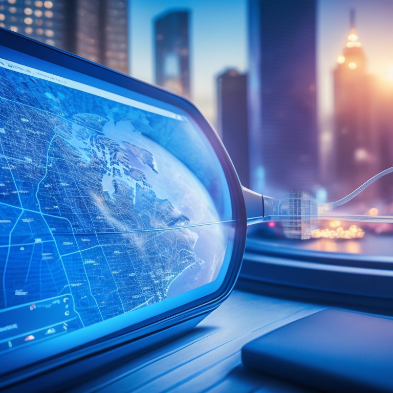 A futuristic, high-tech illustration of a magnifying glass hovering over a tablet screen displaying a map of the United States, with subtle, glowing blue lines connecting various cities, symbolizing data connections.