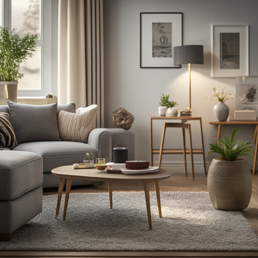 A serene, well-lit, and organized living room with a sold sign on the coffee table, surrounded by minimal decor, with a few boxes and a vacuum cleaner in the corner, conveying a sense of readiness.