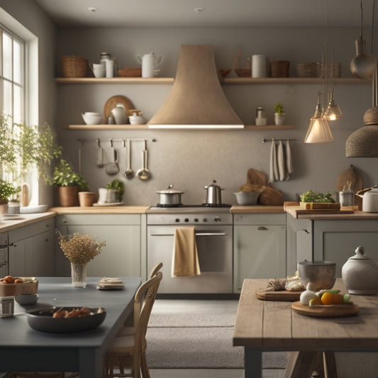 A serene, well-lit kitchen with a mix of warm and cool tones, featuring a tidy island with a few strategically placed utensils, and a blurred background with subtle hints of a calendar.