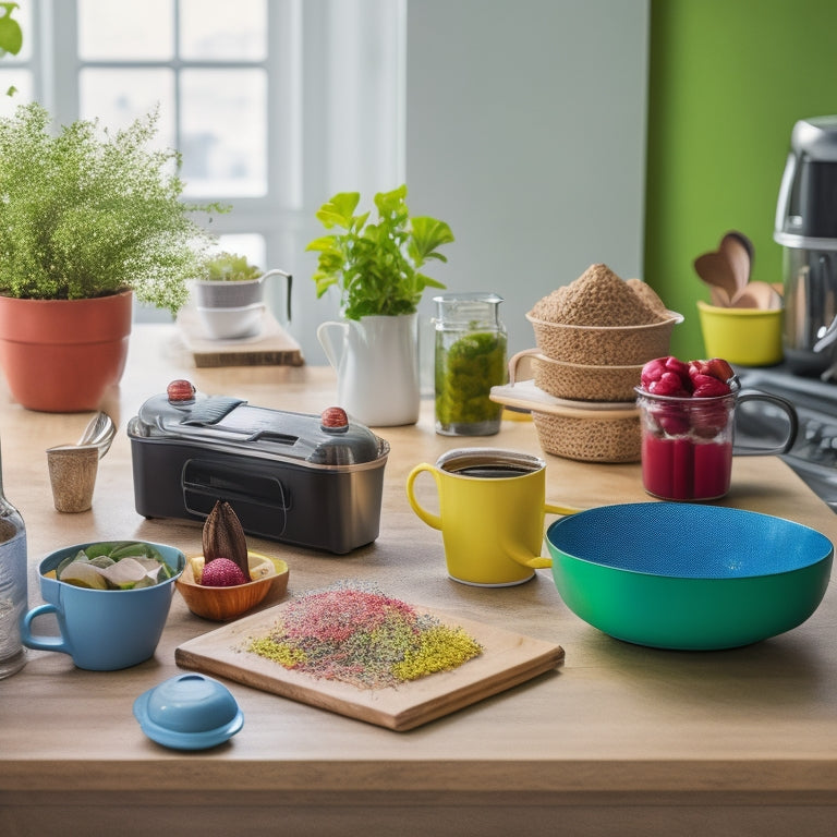 A colorful, organized kitchen counter with a laptop, a few meal planning printouts, a cup of steaming coffee, and a small potted herb plant, surrounded by scattered utensils and a few fresh ingredients.