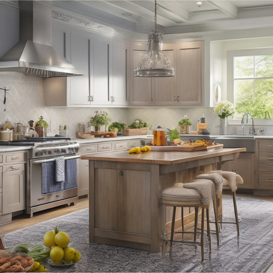 A warm and inviting kitchen with a central island, stainless steel appliances, and a combination of open and closed storage, surrounded by a busy yet organized scene of utensils, ingredients, and cooking essentials.