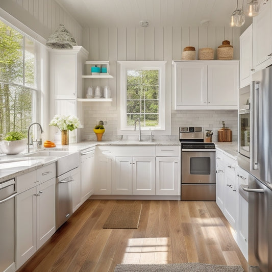 A bright, L-shaped kitchen with crisp white cabinets, warm wood accents, and sleek stainless steel appliances, nestled in a cozy 10x10 foot space with large windows and a rustic wooden floor.