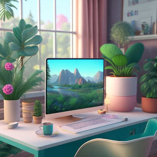 A serene, modern Sims 4 gameplay setup on a MacBook Pro, surrounded by trendy, pastel-hued decorations, with a few Sims characters subtly visible on the screen, amidst lush greenery and a minimalist desk lamp.