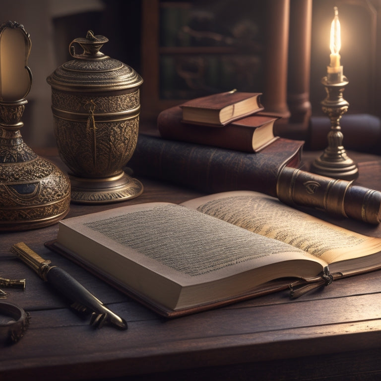 An old, worn, leather-bound book lies open on a wooden desk, surrounded by scattered papers, a quill pen, and a small, ornate key, with a subtle, golden light illuminating the scene.