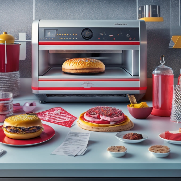 A futuristic kitchen scene with a 3D food printer in the center, surrounded by edible prints of burgers, pizza, and cakes, alongside scattered utensils, recipe books, and warning signs with red "X" marks.