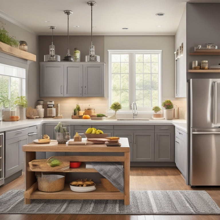 A bright, modern kitchen with stainless steel appliances, a large island, and wooden cabinets, featuring a utensil organizer, spice rack, and a few strategically placed cooking utensils and dishes.