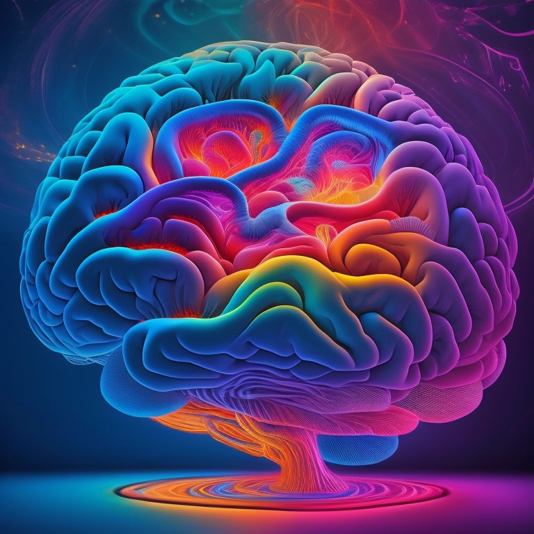 A stylized illustration of a brain with glowing, swirling patterns and colorful, curved lines radiating outward, symbolizing creativity and idea generation.