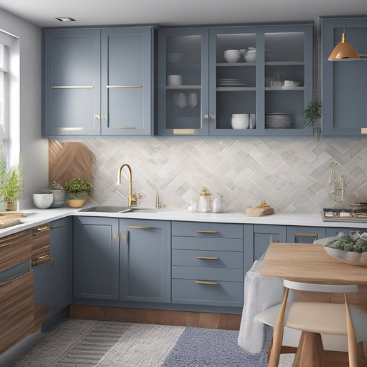 A modern kitchen with sleek, high-gloss cabinets in a soft, calming blue hue, paired with warm, honey-toned wood accents and a stunning geometric-patterned backsplash in shades of gray and white.