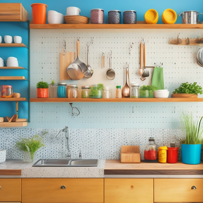 A bright, modern kitchen with a small footprint, featuring a pegboard with hanging utensils, a cart with labeled baskets, and a backsplash with magnetic spice strips.