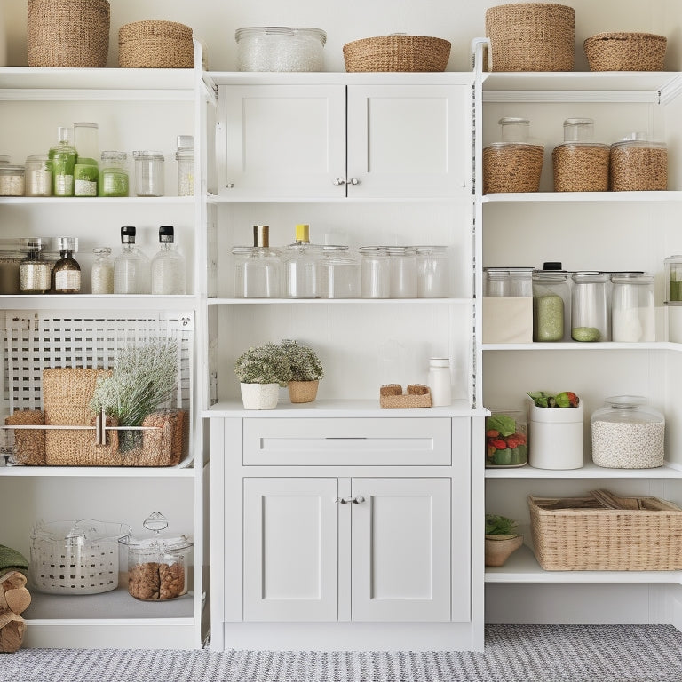 A bright, organized pantry with sorted baskets, clear jars, and a pegboard displaying utensils, against a soft, creamy background, with a few fresh herbs and a small vase with a single, white bloom.