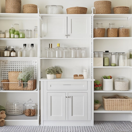 A bright, organized pantry with sorted baskets, clear jars, and a pegboard displaying utensils, against a soft, creamy background, with a few fresh herbs and a small vase with a single, white bloom.