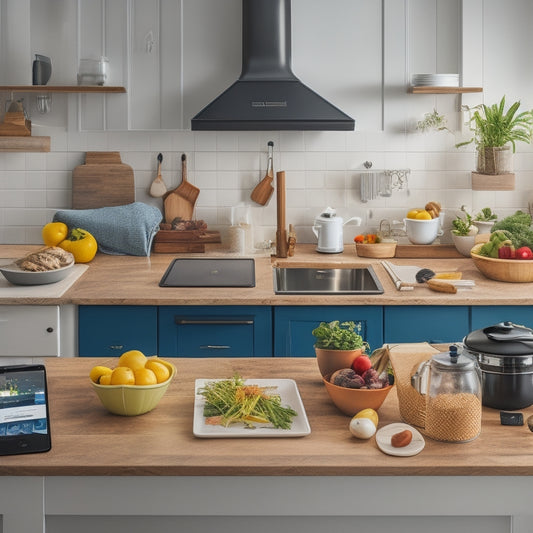 A clutter-free, compact kitchen with a few, well-organized utensils and ingredients on a small countertop, surrounded by a tablet and smartphone displaying kitchen management apps.