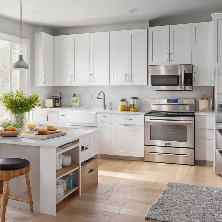 A tidy, modern kitchen with sleek white cabinets, stainless steel appliances, and a small island with a built-in cutting board, surrounded by clever storage solutions and space-saving gadgets.