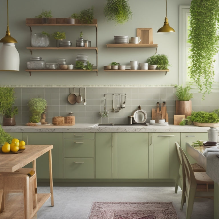 A serene kitchen with a tidy island, a few sleek appliances, and a pegboard with neatly organized utensils, surrounded by a subtle warm glow, and a few lush green plants on the countertops.