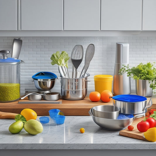 A clean and modern kitchen with a stainless steel island, a set of matching containers on a countertop, and a utensil organizer filled with colorful kitchen tools, surrounded by fresh ingredients.