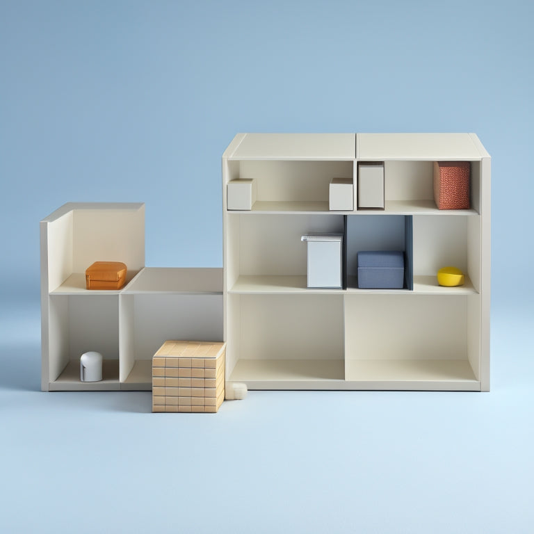A minimalist, modern cube organizer with 6 identical cubes in a 2x3 arrangement, each filled with different items like books, decorative objects, and office supplies, set against a light gray background.