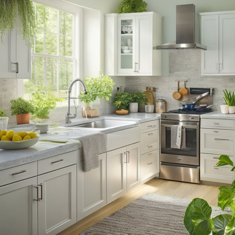 A bright, modern kitchen with gleaming stainless steel appliances, spotless white countertops, and a sink filled with sparkling dishes, surrounded by lush greenery and a few strategically placed cleaning supplies.