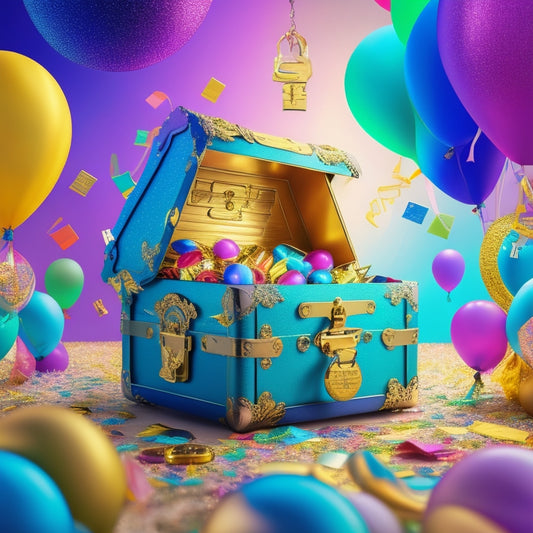 A vibrant illustration featuring a bright, shiny key unlocking a treasure chest overflowing with colorful coupons, surrounded by confetti and balloons, set against a bold, gradient background.