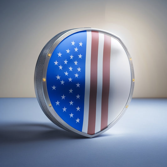 A puzzle-piece-filled shield with a subtle American flag pattern, surrounded by a halo of light, with a faint outline of a tax form in the background, all on a clean white surface.