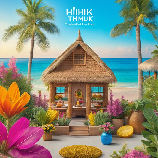 A colorful illustration of a lush, sun-kissed island with swaying palm trees, a thatched-roof tiki hut, and vibrant floral arrangements surrounding a festive outdoor party scene.