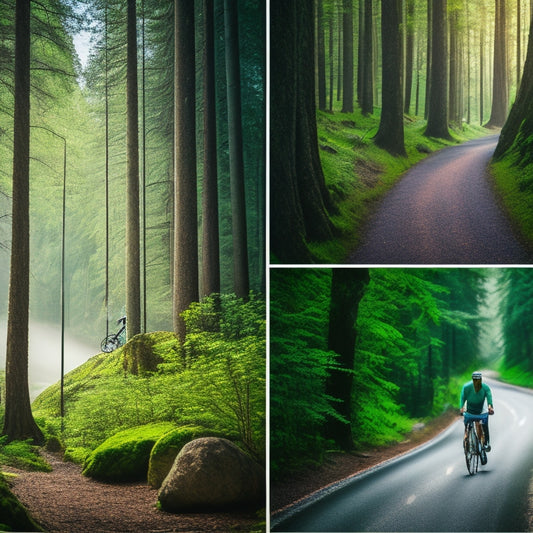 A scenic background of a winding mountain road or a serene forest trail with a bicycle leaning against a tree, surrounded by various bike pumps in different shapes, sizes, and colors.