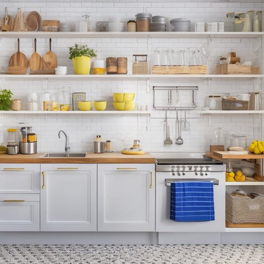 A tidy kitchen with a central island, surrounded by sleek white cabinets, featuring a wooden utensil organizer on the counter and a set of colorful, neatly arranged printables on a pegboard.