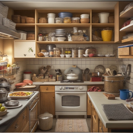 A cluttered college dorm kitchen with open cabinets, scattered cookbooks, and utensils strewn about, contrasted with a tidy, organized kitchen in the background, with labeled containers and a clean countertop.