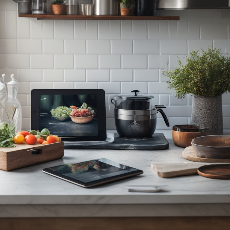 A tidy kitchen countertop with a sleek tablet and a few cookbooks, surrounded by a few utensils and a vase with fresh herbs, with a blurred background of a kitchen shelf filled with cookbooks.