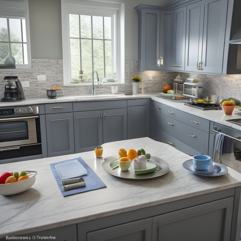 A modern kitchen with sleek countertops and cabinets, featuring a large tablet on the counter displaying a 3D kitchen design, surrounded by measuring tapes, pencils, and a cup of coffee.