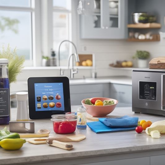A kitchen counter with a tablet displaying a digital recipe, surrounded by ingredients with labels and a mini fridge with color-coded stickers, amidst a subtle background of blurred kitchen utensils.
