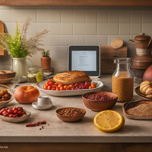 A warm-toned, rustic-style kitchen background with a laptop open to a meal planning website, surrounded by healthy food ingredients, a glucose meter, and a few recipe books.