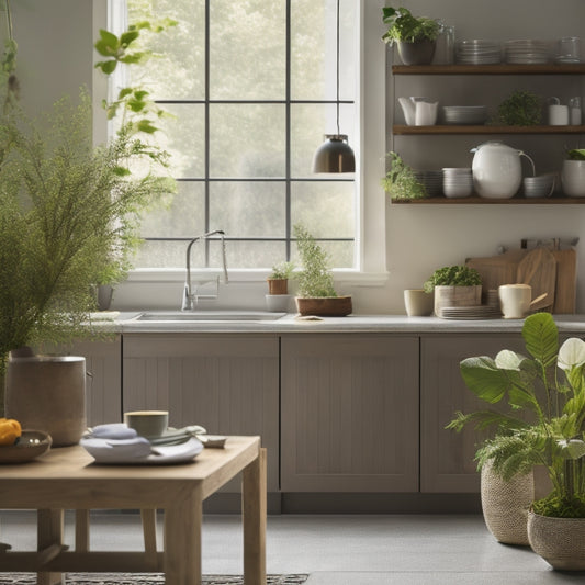 A serene, well-lit kitchen with a few, select utensils and appliances on sleek countertops, surrounded by minimalist cabinets, and a few green plants on a small, rustic wooden table.