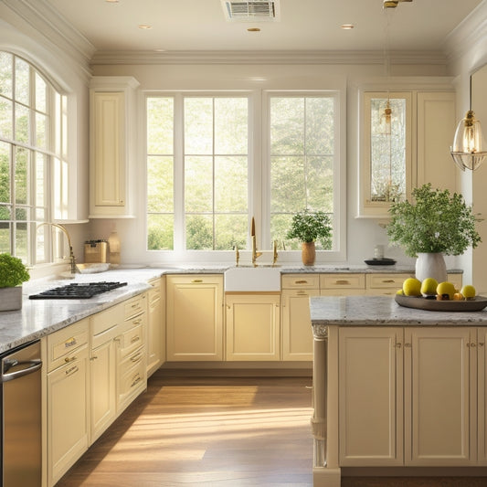 A luxurious kitchen with creamy white cabinets, polished chrome fixtures, and a large island topped with rich, dark granite, surrounded by warm, golden lighting and lush, greenery-filled windows.