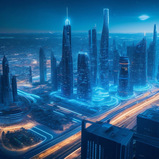 A futuristic cityscape with sleek skyscrapers, robots, and autonomous vehicles, surrounded by orbiting satellites and interconnected nodes, with glowing blue lines representing data flow and innovation.