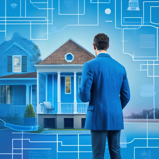 An illustration of a person standing in front of a house, surrounded by thought bubbles containing a magnifying glass, a calculator, a clock, and a puzzle piece, set against a blue background with subtle grid lines.