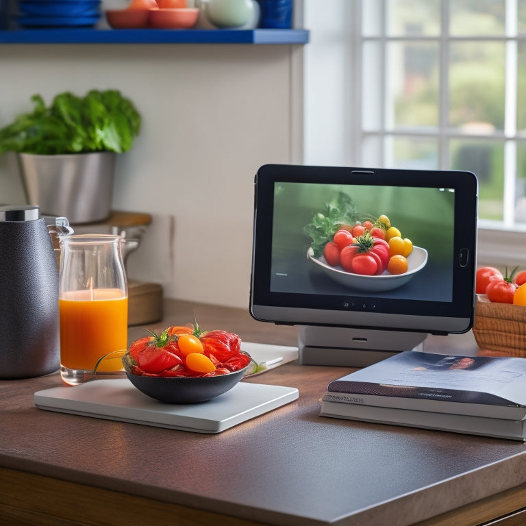 A tidy kitchen counter with a sleek tablet displaying a digital recipe book, surrounded by a few neatly arranged cookbooks, a utensil holder, and a single, ripe tomato.