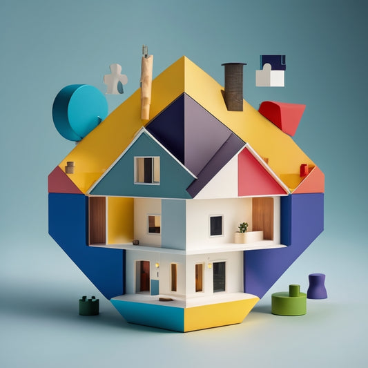 A modern, sleek, and minimalist graphic featuring a stylized house icon surrounded by various shapes and colors, with puzzle pieces fitting together, conveying organization and efficiency.