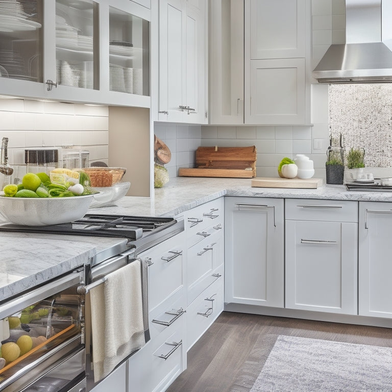 A modern, sleek kitchen with white cabinets, stainless steel appliances, and quartz countertops, featuring pull-out organizers in various drawers and cabinets, filled with cookware, utensils, and gourmet food.